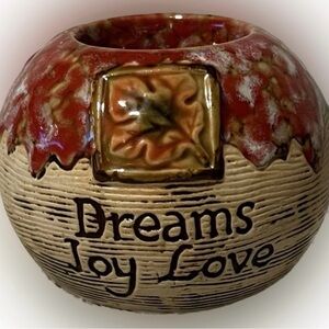 🍄Vintage Pottery Art Tea Light Candle Holder Drip Glaze “Dreams Joy Love” Clay